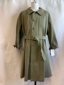 NL, Olive Green, Cotton, Solid, Button Front, Collar Attached, Epaulets, Self Tie Belt,