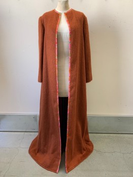 NO LABEL, Magenta Pink, Dk Orange, Lime Green, Red, Copper Metallic, Wool, Solid, Coat, Fur Texture, Long Length, Abstract Trim, Made To Order,