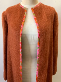 NO LABEL, Magenta Pink, Dk Orange, Lime Green, Red, Copper Metallic, Wool, Solid, Coat, Fur Texture, Long Length, Abstract Trim, Made To Order,