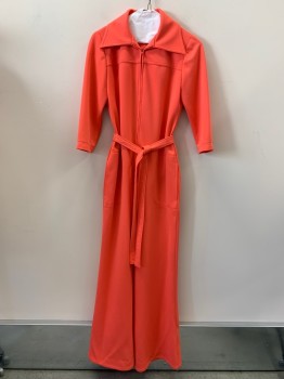 ANDREA, Coral Orange, Polyester, Solid, Mid Sleeves, Collar Attached, Zip Front, Side Pockets, With Waist Belt