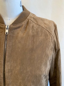 BLANK NYC, Brown, Suede, Solid, Band Collar, Zip Front, 2 Welt Pockets, Rib Knit Cuffs, Collar & Waist Band 