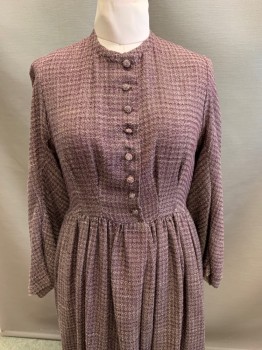 NL, Red Burgundy, Beige, Wool, Tweed, Removable Capelet, Jewel Neckline, 1/2 Button Front, Gathered at Waist, L/S,  Pleated Over Bust, Pleated Skirt,