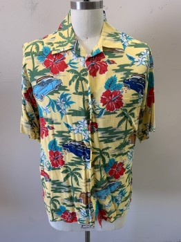 JOE KEALUHAS, Lemon Yellow, Red, Turquoise Blue, Multi-color, Rayon, Hawaiian Print, Novelty Pattern, Short Sleeves, Button Front, 5 Wood Buttons, Chest Pocket
