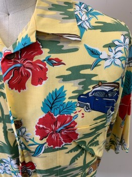JOE KEALUHAS, Lemon Yellow, Red, Turquoise Blue, Multi-color, Rayon, Hawaiian Print, Novelty Pattern, Short Sleeves, Button Front, 5 Wood Buttons, Chest Pocket