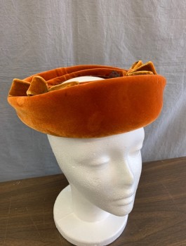 N/L, Rust Orange, Cotton, Solid, Velvet, Halo Shaped with Open Crown, 2 Self Bows at Sides of Head, in Good Condition