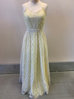 Lorrie Deo, Yellow, Off White, Cotton, Floral, Spaghetti Strap Dress, Yellow Underdress with Lace Cover, V Neck, Pleated Skirt, Back Zipper,