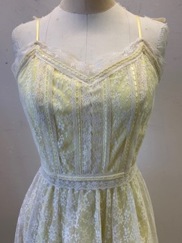 Lorrie Deo, Yellow, Off White, Cotton, Floral, Spaghetti Strap Dress, Yellow Underdress with Lace Cover, V Neck, Pleated Skirt, Back Zipper,