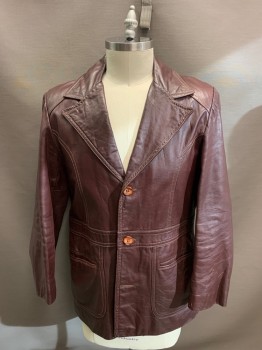 LEARSI, Brown, Leather, Solid, 3 Buttons, Top Stitch, Notched Lapel, Collar Attached, 2 Pockets,