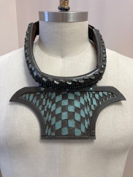 MTO, Brown, Iridescent Green, Leather, Plastic, Geometric, GORGET/NECKLACE: Padded Collar, Velcro Closure In Back, Raised Texture, Trompe L'oeil Check