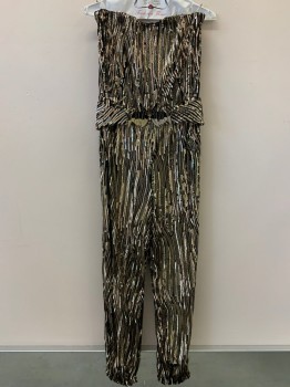 NO LABEL, Black, Gold, Brass Metallic, Polyester, Sequins, Stripes, Jumpsuits, Strapless, Stretchy, Elastic Waist Band, Full Sequins Made To Order, Multiples,