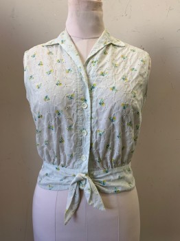NO LABEL, White, Yellow, Turquoise Blue, Orange, Cotton, Floral, Sleeveless, Button Front, C.A., Front Tie