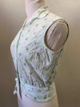 NO LABEL, White, Yellow, Turquoise Blue, Orange, Cotton, Floral, Sleeveless, Button Front, C.A., Front Tie