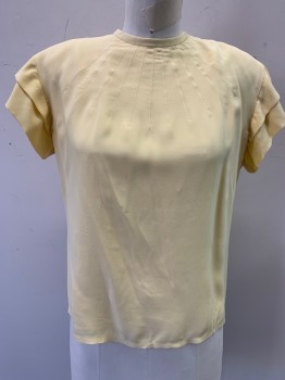 MTO, Butter Yellow, Silk, Solid, Crew Neck, Button Down Center Back, Double Ruffle Cap Sleeves, Sun Ray Darts From Center Front Neck, Fully Lined, Shoulder Pads. Tiny Stain Front