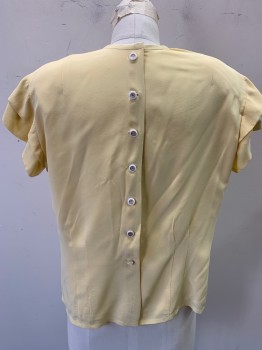 MTO, Butter Yellow, Silk, Solid, Crew Neck, Button Down Center Back, Double Ruffle Cap Sleeves, Sun Ray Darts From Center Front Neck, Fully Lined, Shoulder Pads. Tiny Stain Front
