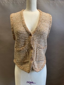 William Kasper, Beige, Tan Brown, Acrylic, Silk, 2 Color Weave, 3 Buttons, Single Breasted, V Neck, Top Pockets