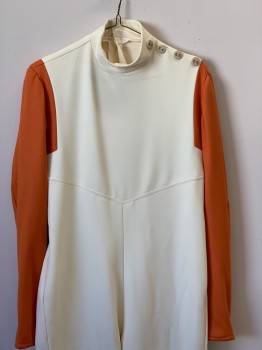 NO LABEL, Cream, Orange, Wool, Color Blocking, L/S, Collar Band, Shoulder Pads, Side Buttons, Zipper Back, Stained, Made To Order,