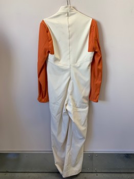 NO LABEL, Cream, Orange, Wool, Color Blocking, L/S, Collar Band, Shoulder Pads, Side Buttons, Zipper Back, Stained, Made To Order,