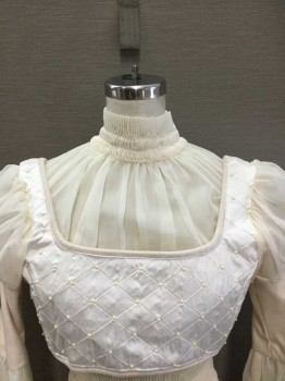 TRISH SUMMERVILLE, Cream, Pearl White, Silk, Beaded, Solid, Diamonds, Quilted Shantung Silk W/Pearl Beads, Scoop Neck, Sheer Chiffon Over Scoop Neck W/High Ruched Neckline W/Pearl Buttons, Long Sleeves, Cream Velvet Panel In Center Of Sleeve, Top Of Sleeve & Bottom Of Sleeve Is Sheer Chiffon, Hook + Eye Closures At Center Front, Cropped Length  **Has Some Stains On Chiffon