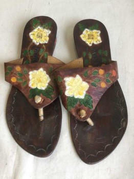 Patnasilp, Brown, Yellow, Green, Leather, Floral, Floral Tooled Brown Leather with Yellow/green/white Paint, Thong Sandal