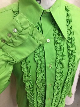 NL, Lime Green, Cotton, Polyester, Solid, Button Front, Long Sleeves, Ruffles On Front, Long Collar Points,