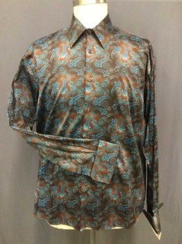 CHRISTIAN COUTURE, Brown, Blue, Cotton, Paisley/Swirls, Dots, L/S, B.F., Pointed C.A., French Cuffs