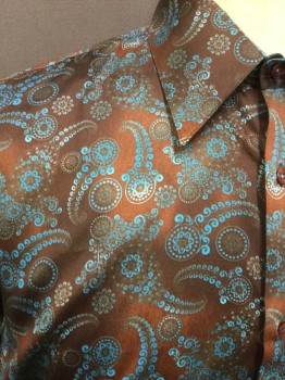 CHRISTIAN COUTURE, Brown, Blue, Cotton, Paisley/Swirls, Dots, L/S, B.F., Pointed C.A., French Cuffs