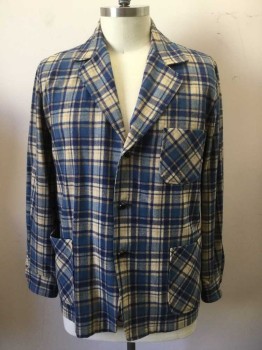 PENDLETON, Blue, Navy Blue, Tan Brown, Wool, Plaid, Long Sleeves, Button Front, Collar Attached, Notched Lapel, 3 Patch Pockets
