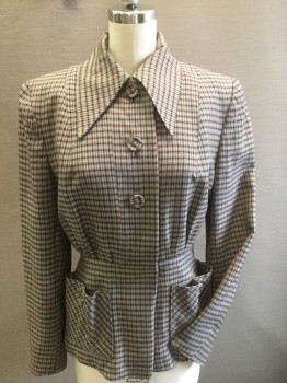 NO LABEL , Lt Gray, Gray, Red Burgundy, Black, Wool, Plaid - Tattersall, Collar Attached, Button Front = 3 Covered Buttons, Long Sleeves, No Buttons at Cuffs, 2 Snaps C/F at Waist, Nipped in Waist, 2 Front Patch Pockets with  Covered Buttons, Dusty Peach Crepe Silk Lining, Padded Shoulders