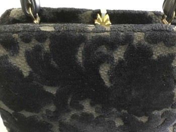 N/L, Black, Gray, Cotton, Leather, Floral, Gray Background with Black High Pile Velvet Floral Pattern, Rectangular Shape, Gold Clasp Closure. 1 Black Leather Hand Strap