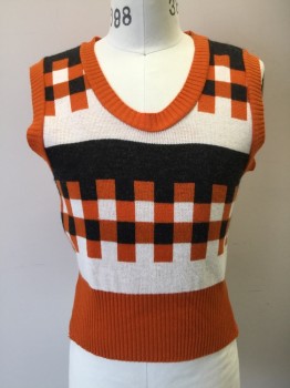 N/L, Orange, White, Black, Wool, Novelty Pattern, Check , Solid Orange Ribbed Knit Scoop Neck/Armholes/Large Waistband/Back, Pullover,