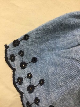 H&M, Dusty Blue, Midnight Blue, Cotton, Solid, Chambray, Cap Sleeves with Midnight Blue Eyelet Embroidery Detail/Scallopped Edges, Scoop Neck, Elastic Waist, Hem Above Knee