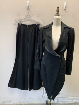 NO LABEL, Black, Wool, Synthetic, Solid, Tails Tuxedo, Satin Unusual Peaked Lapel, 1 Snap Closure, Curved Satin Seams Along Sides and Sleeves, Reverse Tail Coat,