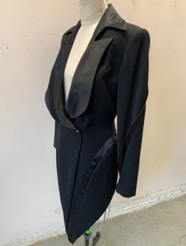 NO LABEL, Black, Wool, Synthetic, Solid, Tails Tuxedo, Satin Unusual Peaked Lapel, 1 Snap Closure, Curved Satin Seams Along Sides and Sleeves, Reverse Tail Coat,