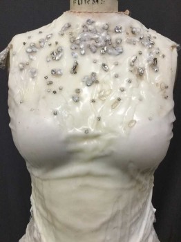 MTO, White, Rubber, Rhinestones, Solid, Dripping White Latex Halter With Built In Bra, Glued On Rhinestones At Chest, 2 Felt Piece Attached at Shoulders with Hooks