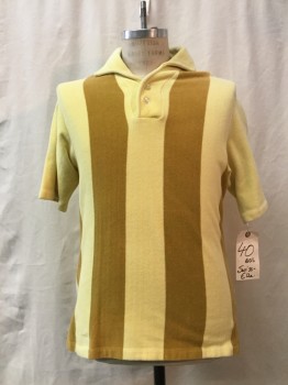 SWISS ELLE, Yellow, Camel Brown, Cotton, Stripes, Yellow/ Camel Brown Stripped Velour, V-neck, Collar Attached, Short Sleeves,