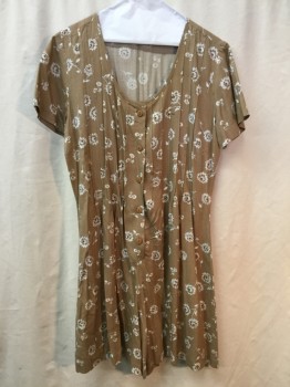 ICI, Lt Brown, White, Olive Green, Aqua Blue, Rayon, Floral, Scoop Neck, Short Sleeves, Button Placket ( Barcode Behind Placket.) Self Tie at Back Waist