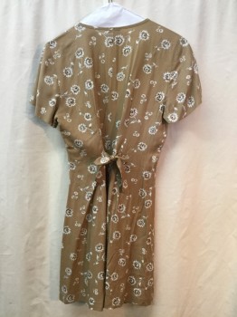ICI, Lt Brown, White, Olive Green, Aqua Blue, Rayon, Floral, Scoop Neck, Short Sleeves, Button Placket ( Barcode Behind Placket.) Self Tie at Back Waist