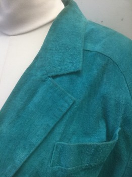 CLIMAX DAVID HOWARD, Teal Blue, Suede, Solid, 2 Rows of Snap Closures at Front, Notched Lapel, Heavily Padded Shoulders, Dolman Sleeves, 3 Pockets, Thick Belt Loops at Waist, **Stained at Shoulder