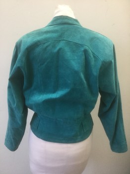 CLIMAX DAVID HOWARD, Teal Blue, Suede, Solid, 2 Rows of Snap Closures at Front, Notched Lapel, Heavily Padded Shoulders, Dolman Sleeves, 3 Pockets, Thick Belt Loops at Waist, **Stained at Shoulder