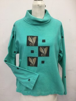 AD LIB, Green, Cotton, Green with Black Squares with Brown Hearts Inside, Square Pattern on Sleeves, Long Sleeves, Ribbed Knit Turtleneck