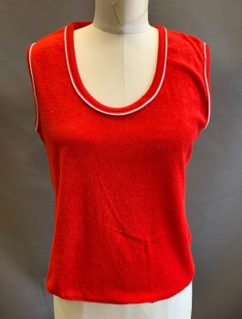 AVENUE B, Red, Polyester, Solid, Terry Cloth, Sleeveless Tank, White Piping Trim at Scoop Neck and Arm Openings, Pullover,