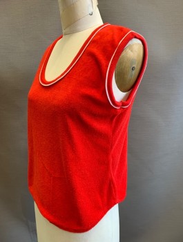 AVENUE B, Red, Polyester, Solid, Terry Cloth, Sleeveless Tank, White Piping Trim at Scoop Neck and Arm Openings, Pullover,