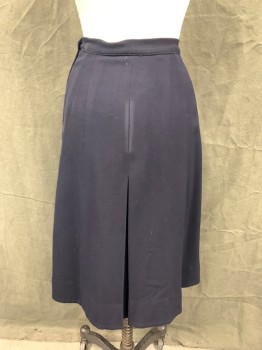 DUNNING'S, Midnight Blue, Wool, Solid, Twill, 1" Waistband, Side Zip, Center Front and Center Back Drop Inverted Pleats, Hem Below Knee