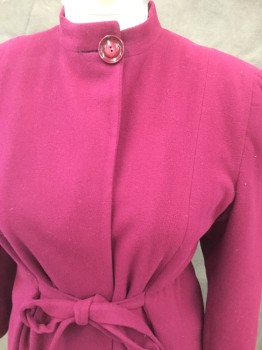 N/L, Magenta Purple, Wool, Solid, Single Breasted, 1 Button at Stand Collar, Elastic Gathered at Side Waist, Attached Self Front Belt, Belt Loop for Interior Tie