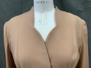 N/L, Camel Brown, Wool, Silk, Solid, 1 Button Front, Scallopped Neck, Long Sleeves, High Thigh Length,