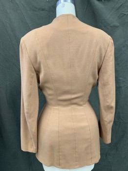 N/L, Camel Brown, Wool, Silk, Solid, 1 Button Front, Scallopped Neck, Long Sleeves, High Thigh Length,