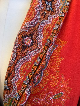 N/L, Red, Orange, Black, Blue, Wool, Solid, Paisley/Swirls, Red with Multicolor Ornate Pattern at Bottom (Below Knee Level), Cuffs and Shawl Collar, 1 Unusual Resin Button at Side Waist, Red Silk Lining, Oversized Fit, Ankle Length, 
*Slight Stain on Left Shoulder*