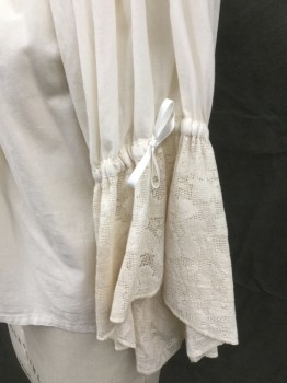 KASHI, Off White, Cotton, Solid, Drawstring Off the Shoulder Neck, Raglan Sleeve, Ribbon Drawstring at Elbow, Lace Bell Lower Half Sleeve, Peasant Blouse, Medieval,