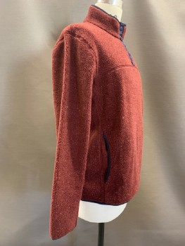 J. CREW, Brick Red, Navy Blue, Off White, Polyester, Acrylic, 2 Color Weave, L/S, High Neck, Fleece Textured, Center Pocket, Navy Trim