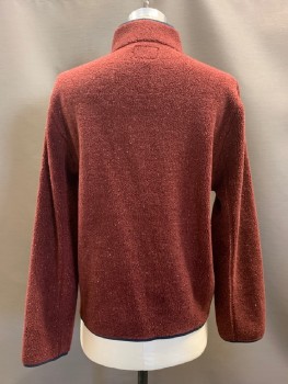 J. CREW, Brick Red, Navy Blue, Off White, Polyester, Acrylic, 2 Color Weave, L/S, High Neck, Fleece Textured, Center Pocket, Navy Trim